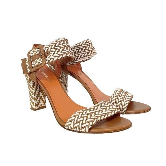 Via Spiga Woven Leather Heeled Ankle Strap Sandal Tan & White Women’s Size 9.5 - Picture 7 of 12